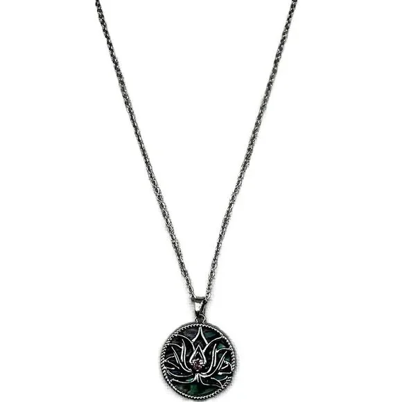 NEW Silver Abalone Shell Lotus Flower Round Pendant Necklace Womens - Picture 2 of 15